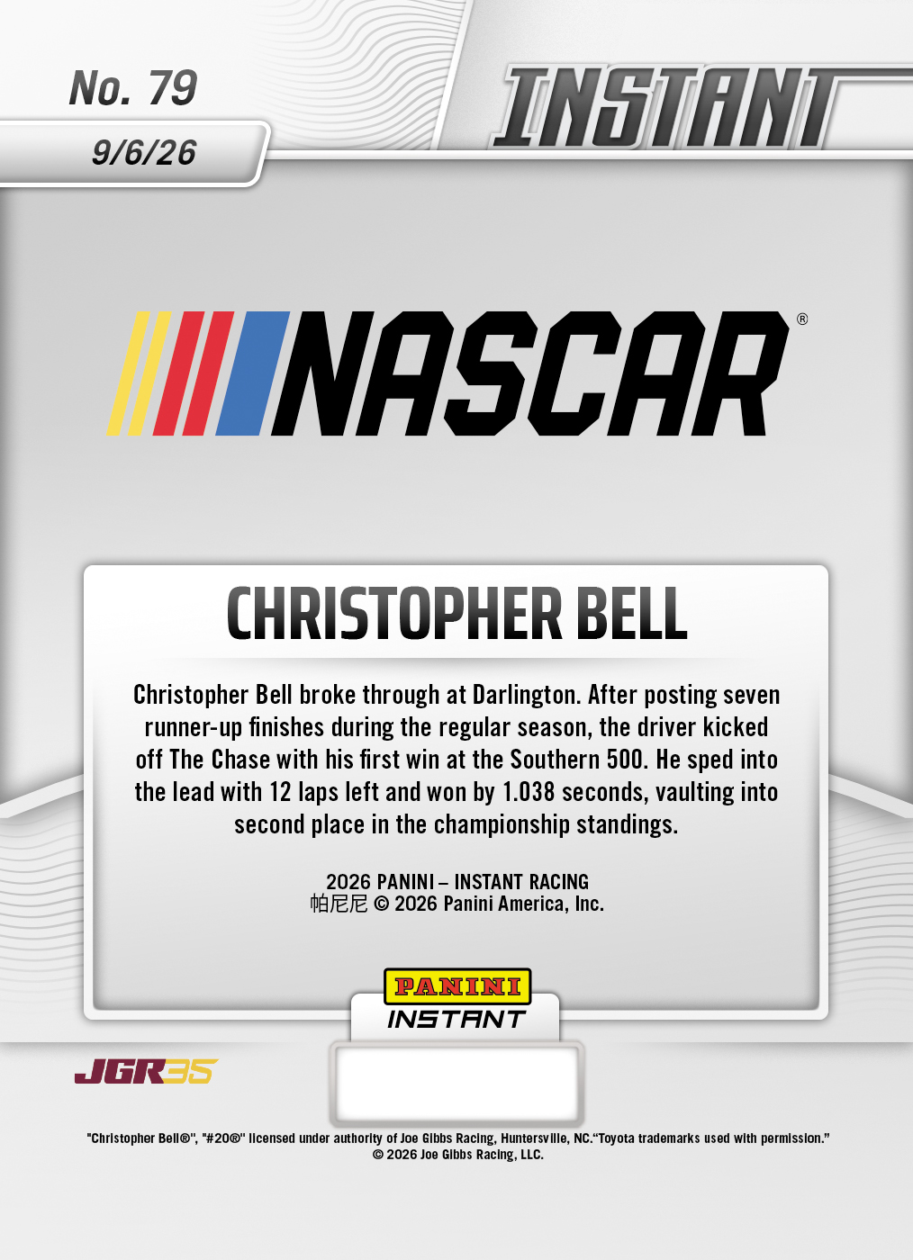 Product thumbnail image 2 of Christopher Bell - 2026 Panini Instant NASCAR #79 - Base Card 25-pack