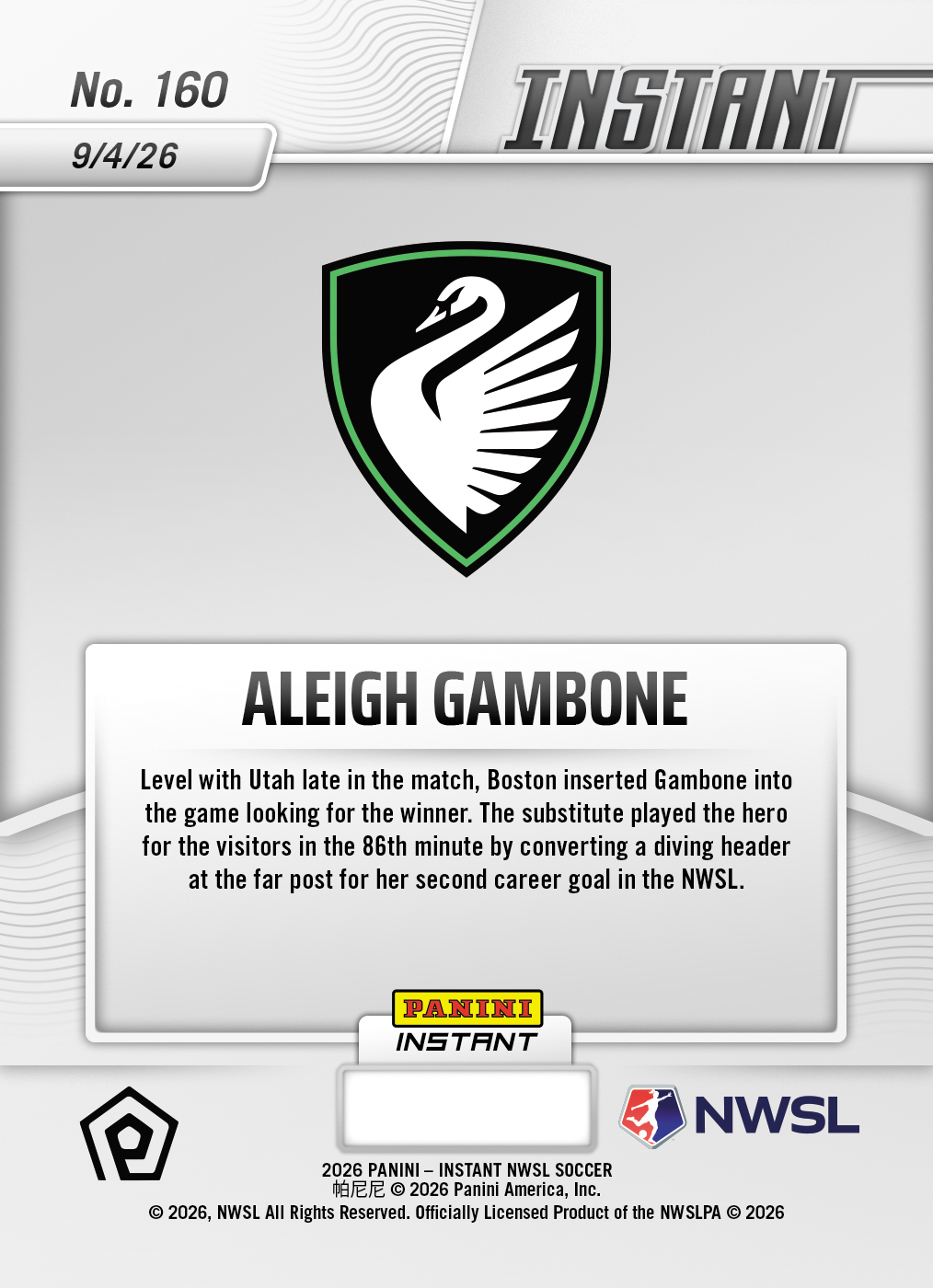 Product thumbnail image 2 of Aleigh Gambone - 2026 Panini Instant NWSL #160 - Base Card 25-pack