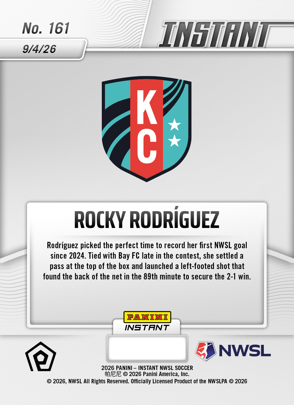Product thumbnail image 2 of Rocky Rodriguez - 2026 Panini Instant NWSL #161 - Metallic /5