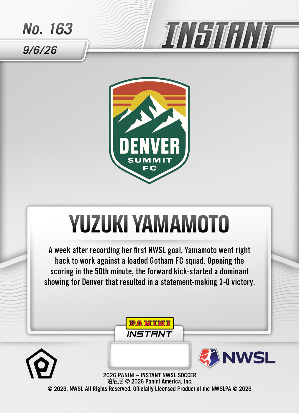 Product thumbnail image 2 of Yuzuki Yamamoto - 2026 Panini Instant NWSL #163 - Base Card 25-pack