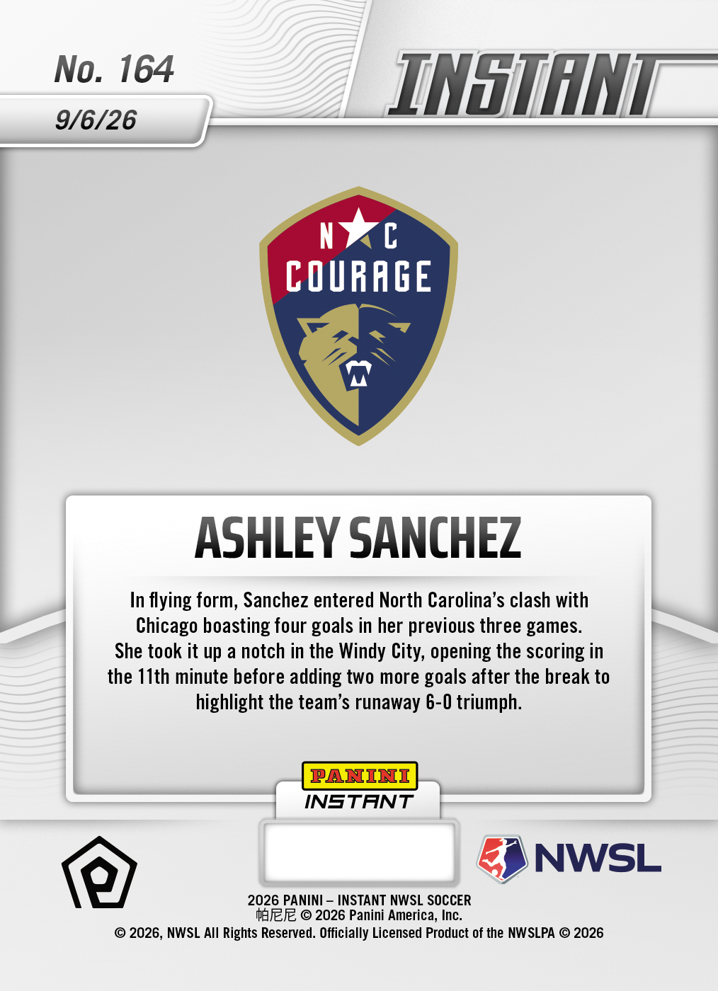 Product thumbnail image 2 of Ashley Sanchez - 2026 Panini Instant NWSL #164 - Base Card 5-pack