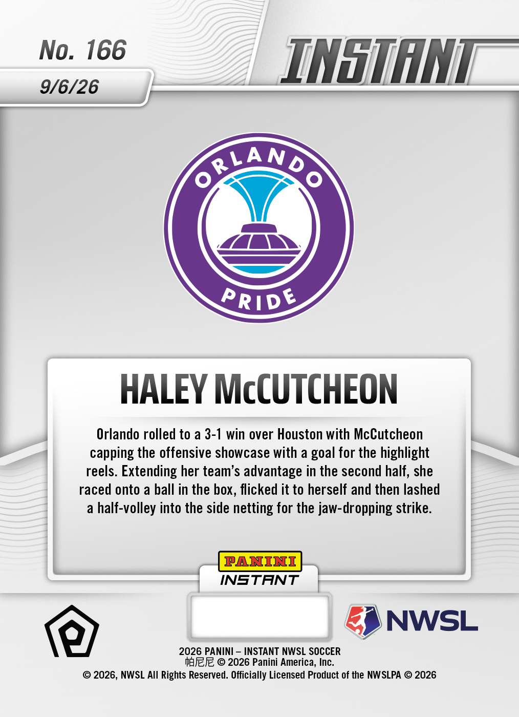 Product thumbnail image 2 of Haley McCutcheon - 2026 Panini Instant NWSL #166 - Metallic /5