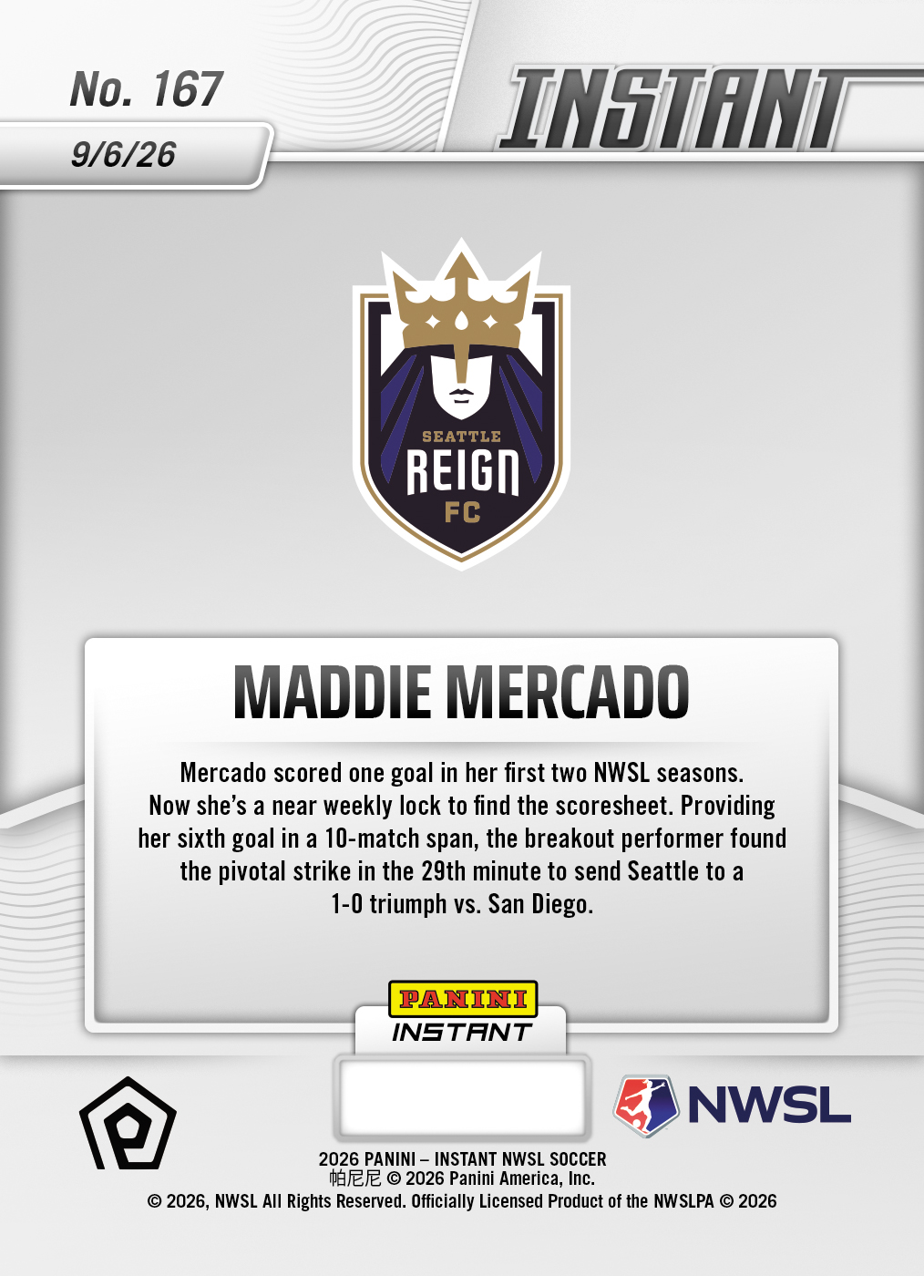 Product thumbnail image 2 of Maddie Mercado - 2026 Panini Instant NWSL #167 - Base Card 5-pack