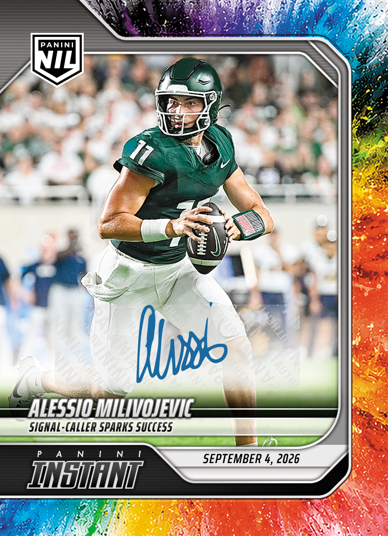 Detailed Image of Alessio Milivojevic - 2026 Panini Instant NIL College Football #1-AMI - Color Blast /10 Auto
