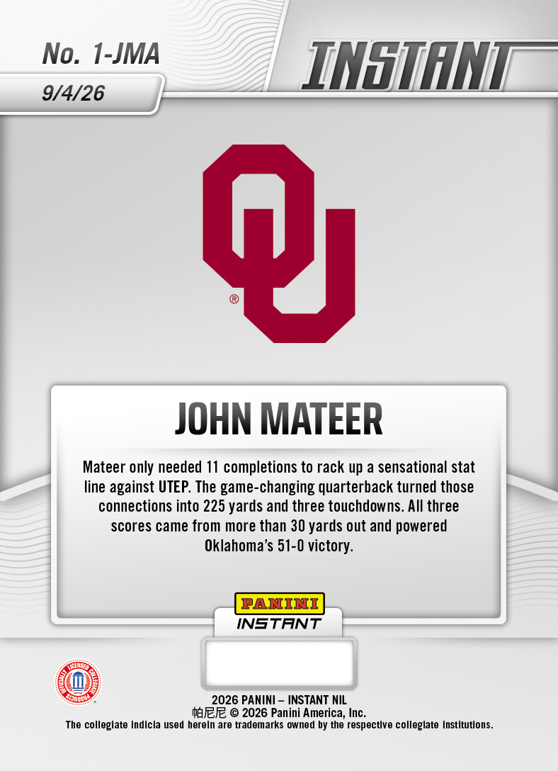 Product thumbnail image 2 of John Mateer - 2026 Panini Instant NIL College Football #1-JMA - Base Card 25-pack
