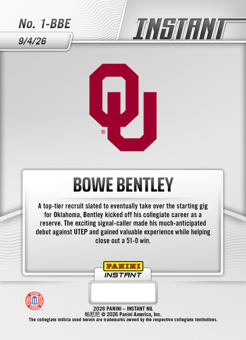 Product thumbnail image 2 of Bowe Bentley - 2026 Panini Instant NIL College Football #1-BBE - Base Card 10-pack