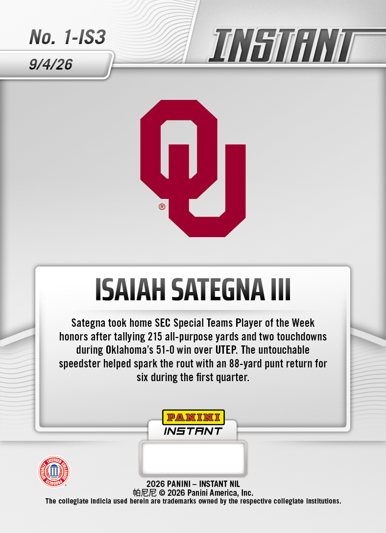 Product thumbnail image 2 of Isaiah Sategna III - 2026 Panini Instant NIL College Football #1-IS3 - Base Card 5-pack
