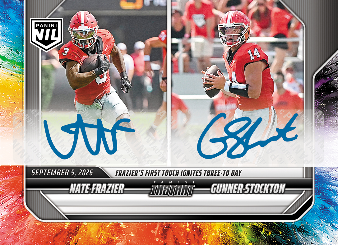 Detailed Image of Nate Frazier/Gunner Stockton - 2026 Panini Instant NIL College Football #1-NGS - Color Blast /10 Auto