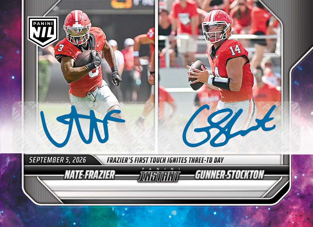 Detailed Image of Nate Frazier/Gunner Stockton - 2026 Panini Instant NIL College Football #1-NGS - Galaxy 1/1 Auto