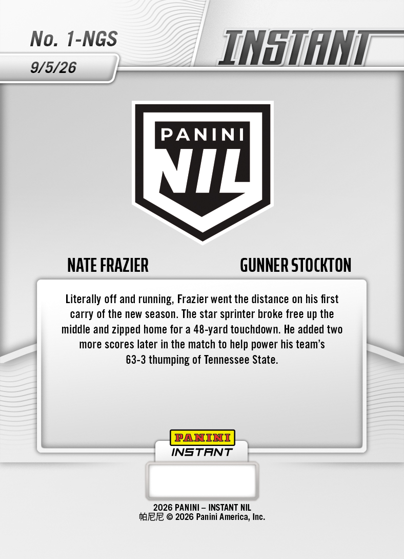 Product thumbnail image 2 of Nate Frazier/Gunner Stockton - 2026 Panini Instant NIL College Football #1-NGS - Base Card 10-pack