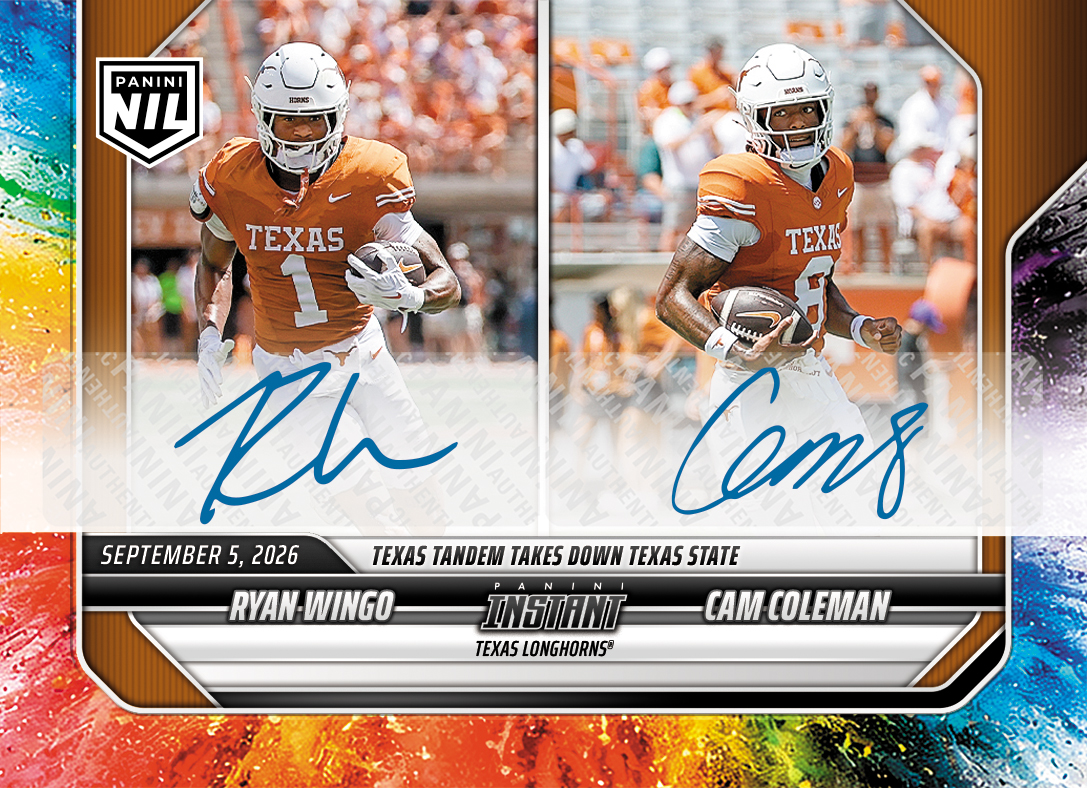 Detailed Image of Ryan Wingo/Cam Coleman - 2026 Panini Instant NIL College Football #1-TEX - Color Blast /10 Auto