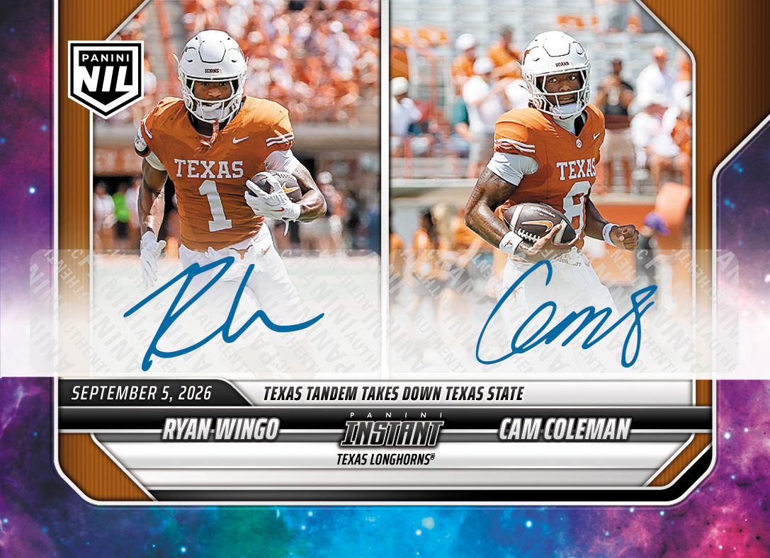 Detailed Image of Ryan Wingo/Cam Coleman - 2026 Panini Instant NIL College Football #1-TEX - Galaxy 1/1 Auto
