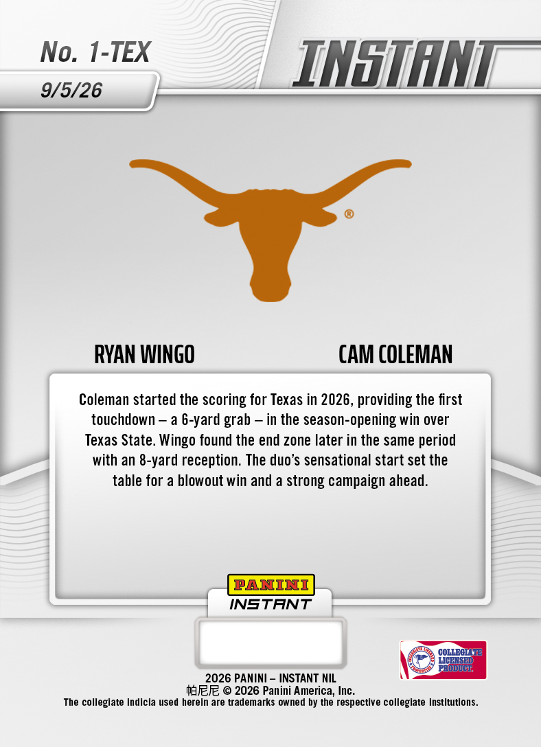 Product thumbnail image 2 of Ryan Wingo/Cam Coleman - 2026 Panini Instant NIL College Football #1-TEX - Base Card 25-pack