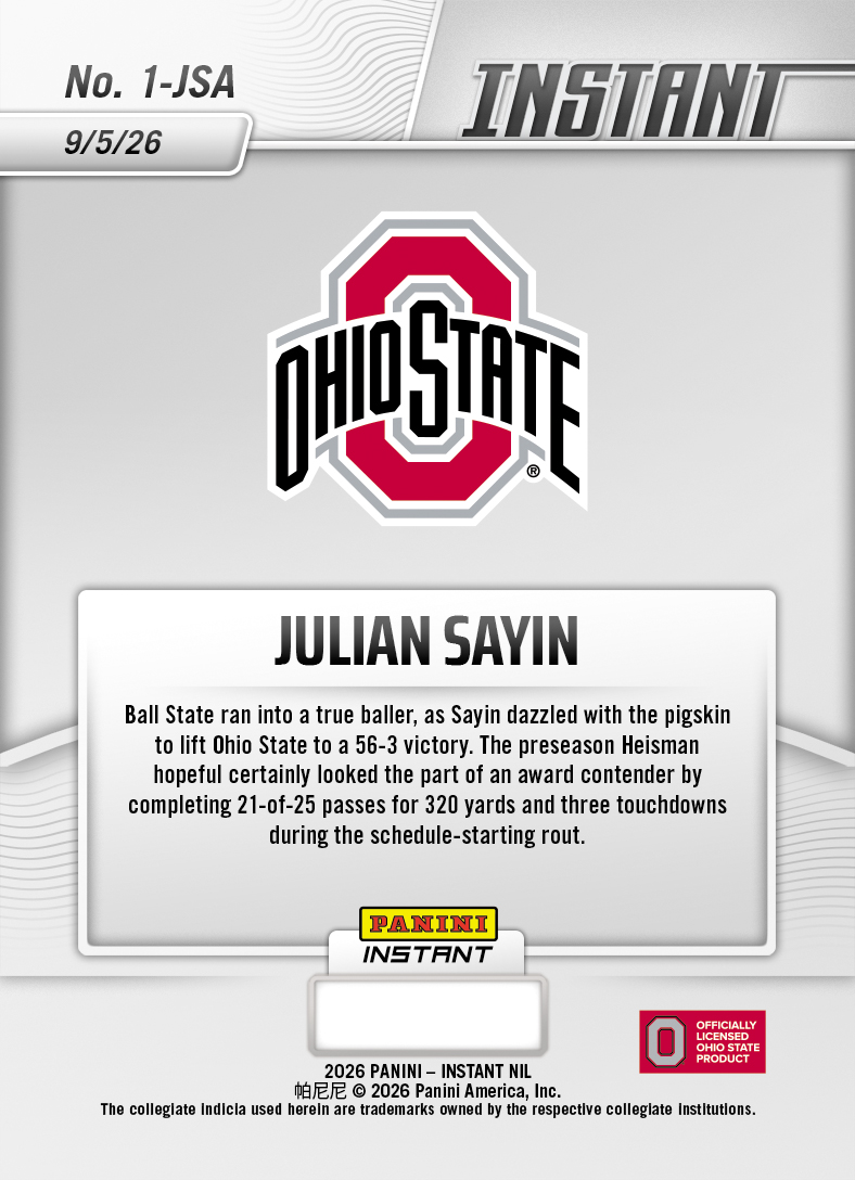 Product thumbnail image 2 of Julian Sayin - 2026 Panini Instant NIL College Football #1-JSA - Base /99 Auto