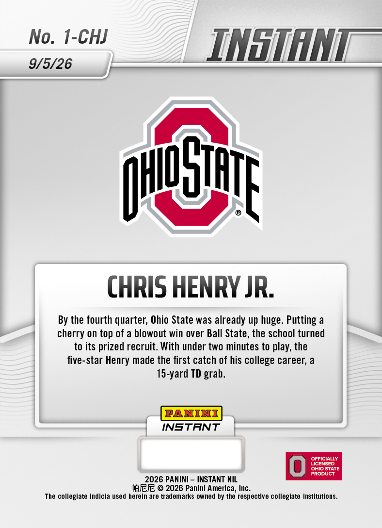Product thumbnail image 2 of Chris Henry Jr. - 2026 Panini Instant NIL College Football #1-CHJ - Base Card 10-pack