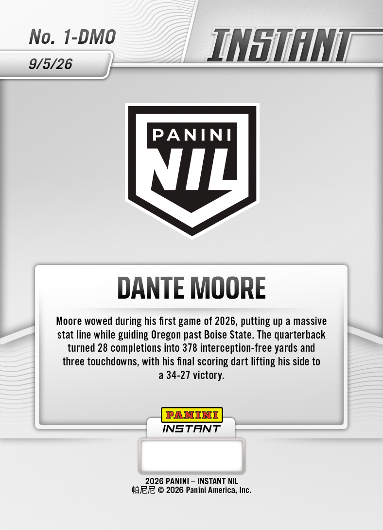 Product thumbnail image 2 of Dante Moore - 2026 Panini Instant NIL College Football #1-DMO - Base Card