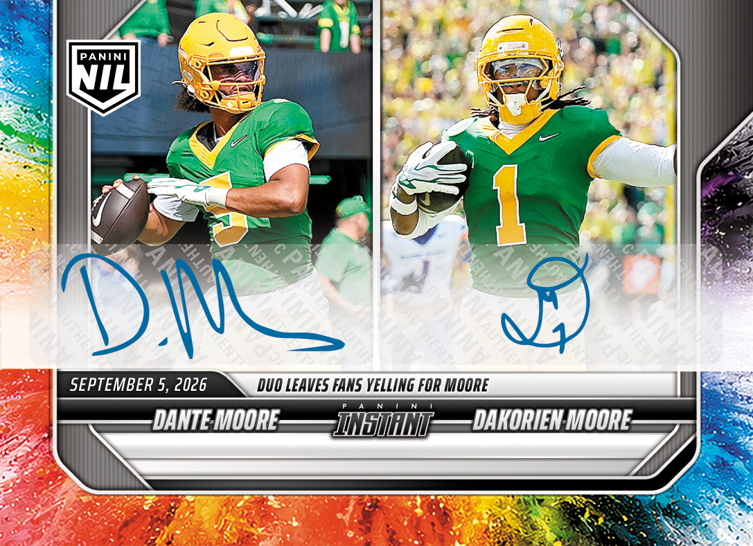 Detailed Image of Dante Moore/Dakorien Moore - 2026 Panini NIL College Football #1-DKM - Color Blast /10 Auto