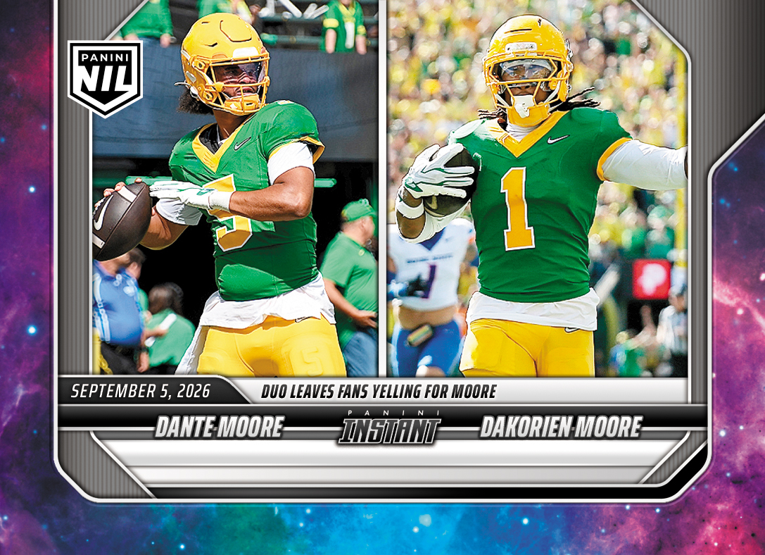 Detailed Image of Dante Moore/Dakorien Moore - 2026 Panini NIL College Football #1-DKM - Galaxy 1/1
