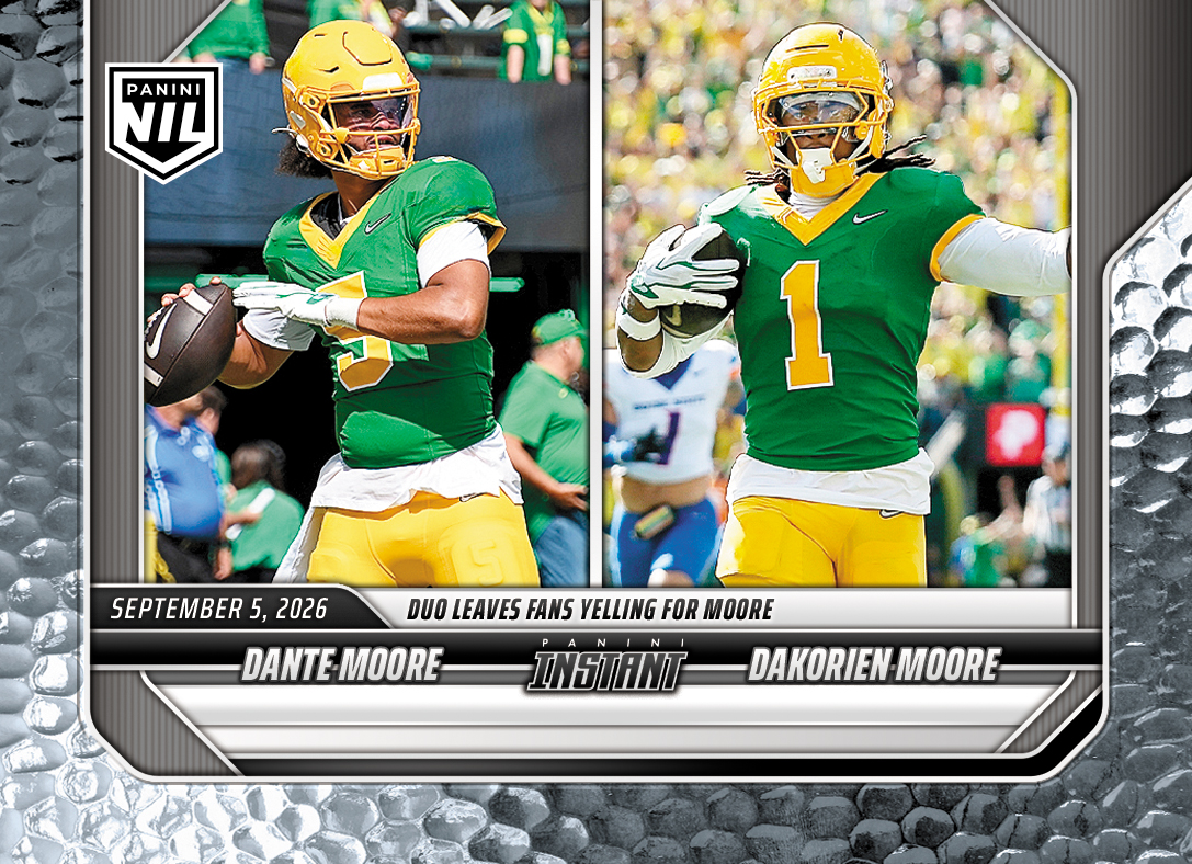 Detailed Image of Dante Moore/Dakorien Moore - 2026 Panini NIL College Football #1-DKM - Metallic /5