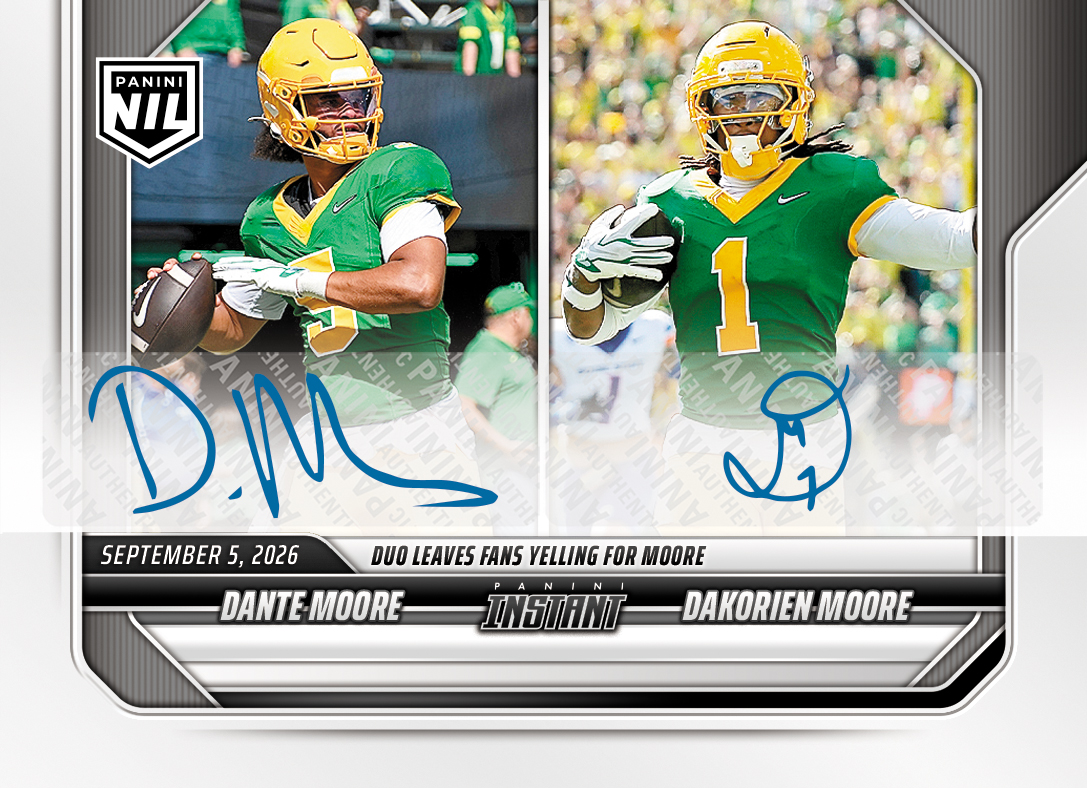 Detailed Image of Dante Moore/Dakorien Moore - 2026 Panini NIL College Football #1-DKM - Base /49 Auto