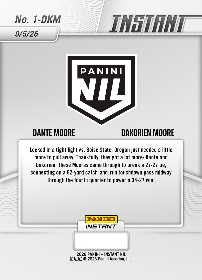 Product thumbnail image 2 of Dante Moore/Dakorien Moore - 2026 Panini NIL College Football #1-DKM - Galaxy 1/1