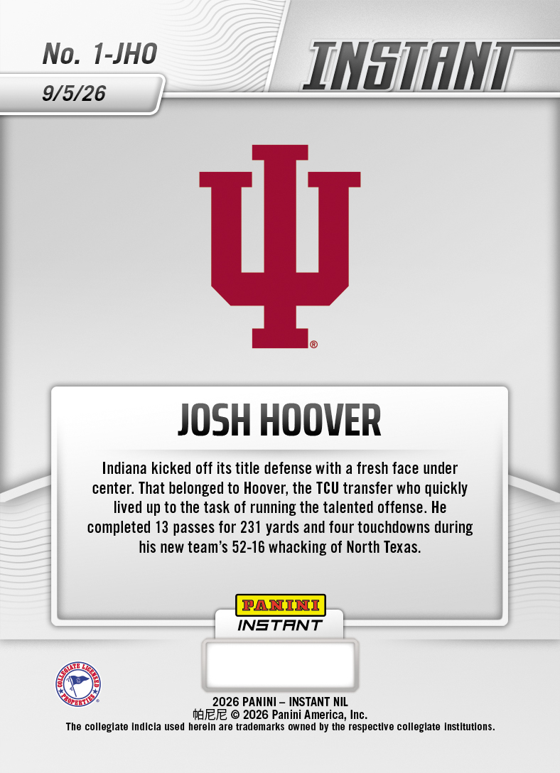 Product thumbnail image 2 of Josh Hoover - 2026 Panini NIL College Football #1-JHO - Base Card 5-pack