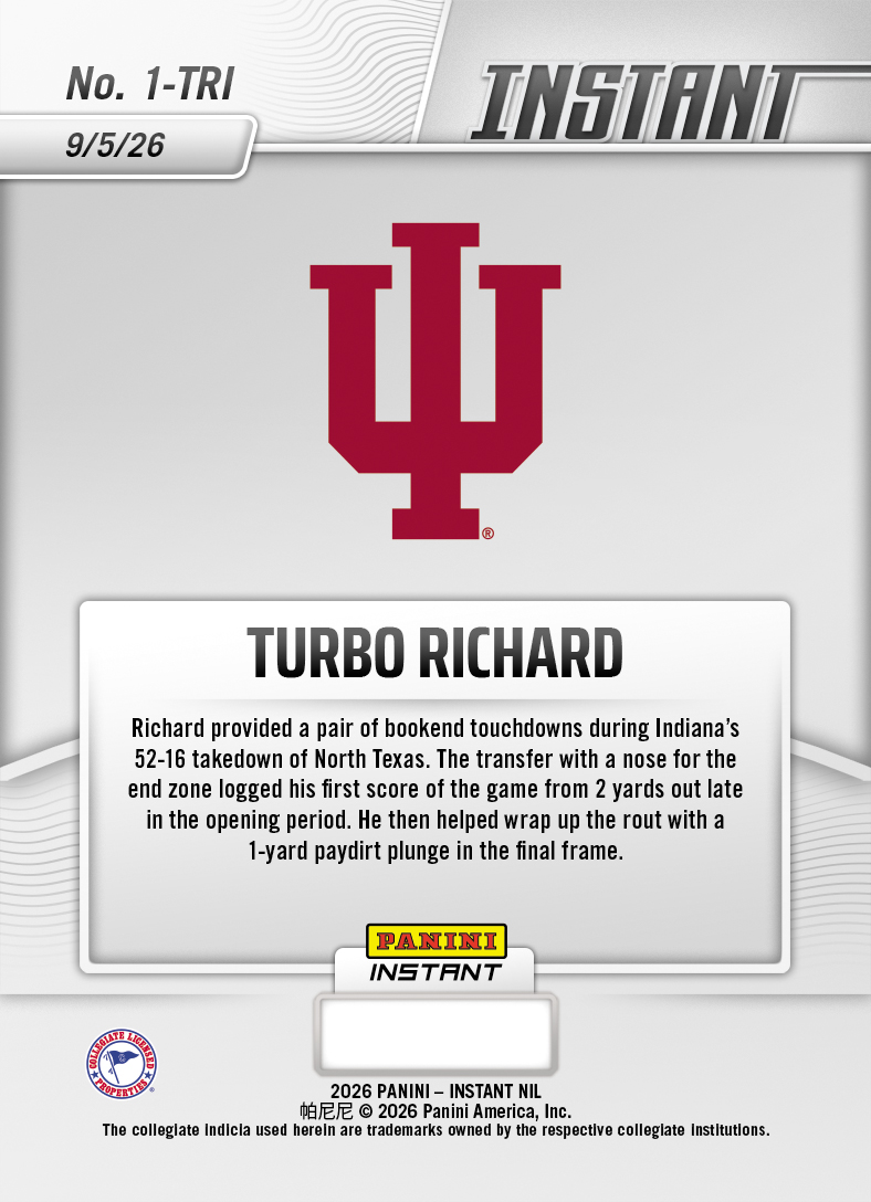 Product thumbnail image 2 of Turbo Richard - 2026 Panini Instant NIL College Football #1-TRI - Base Card 5-pack