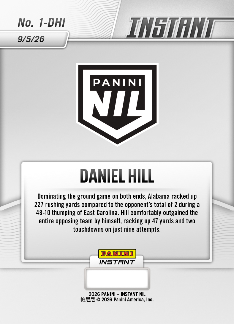 Product thumbnail image 2 of Daniel Hill - 2026 Panini Instant NIL College Football #1-DHI - Base Card 10-pack