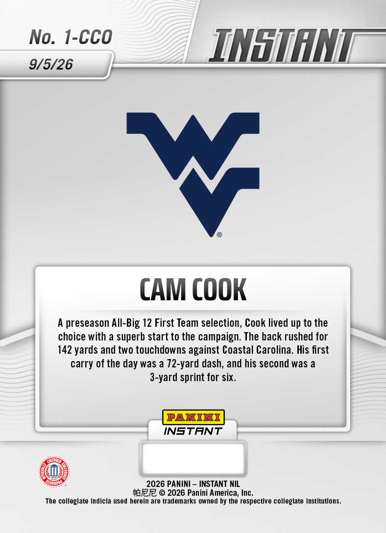 Product thumbnail image 2 of Cam Cook - 2026 Panini Instant NIL College Football #1-CCO - Galaxy 1/1