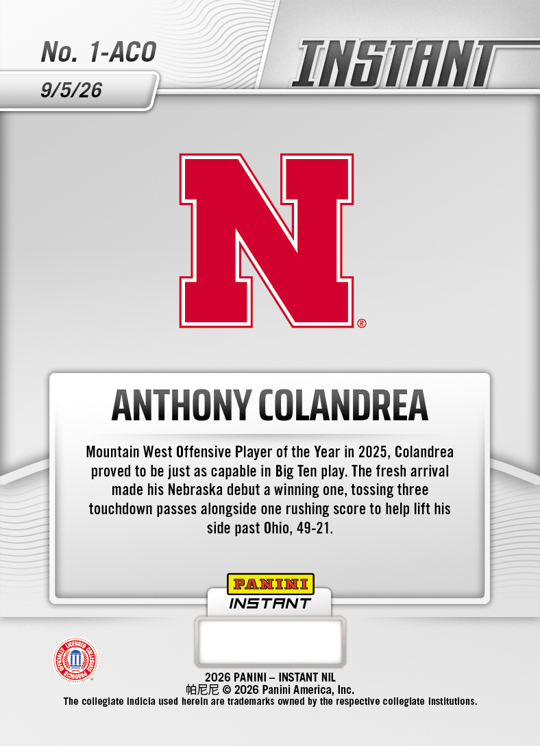 Product thumbnail image 2 of Anthony Colandrea - 2026 Panini NIL College Football #1-ACO - Base Card 25-pack