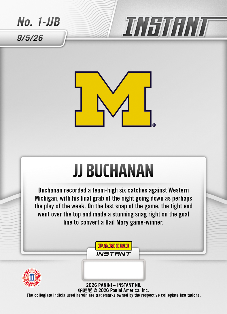 Product thumbnail image 2 of JJ Buchanan - 2026 Panini Instant NIL College Football #1-JJB - Base Card 25-pack