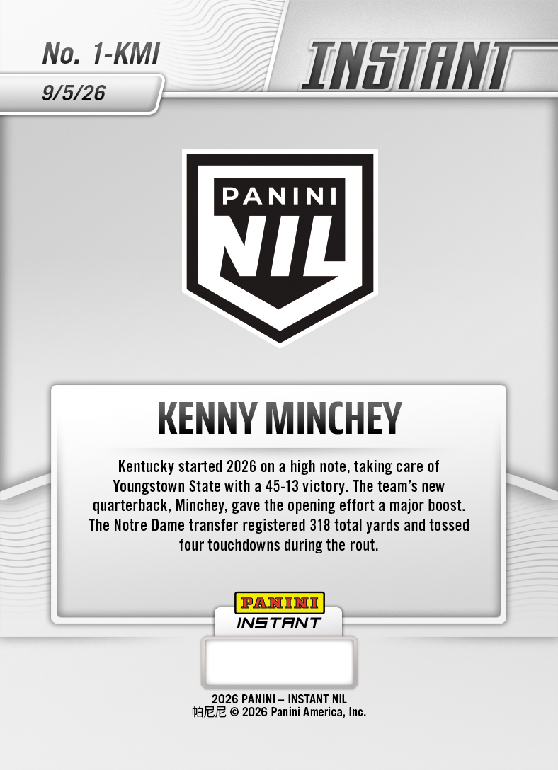 Product thumbnail image 2 of Kenny Minchey - 2026 Panini Instant NIL College Football #1-KMI - Base Card 10-pack