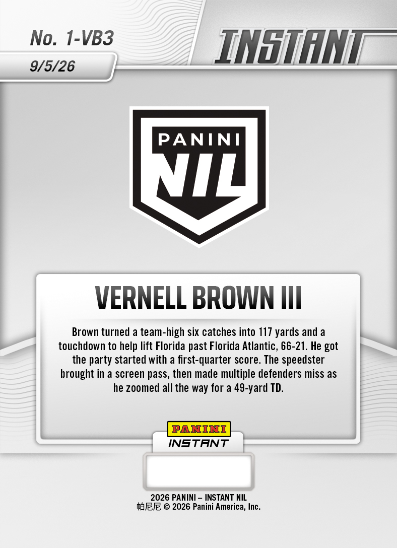 Product thumbnail image 2 of Vernell Brown III - 2026 Panini Instant NIL College Football #1-VB3 - Base Card 5-pack