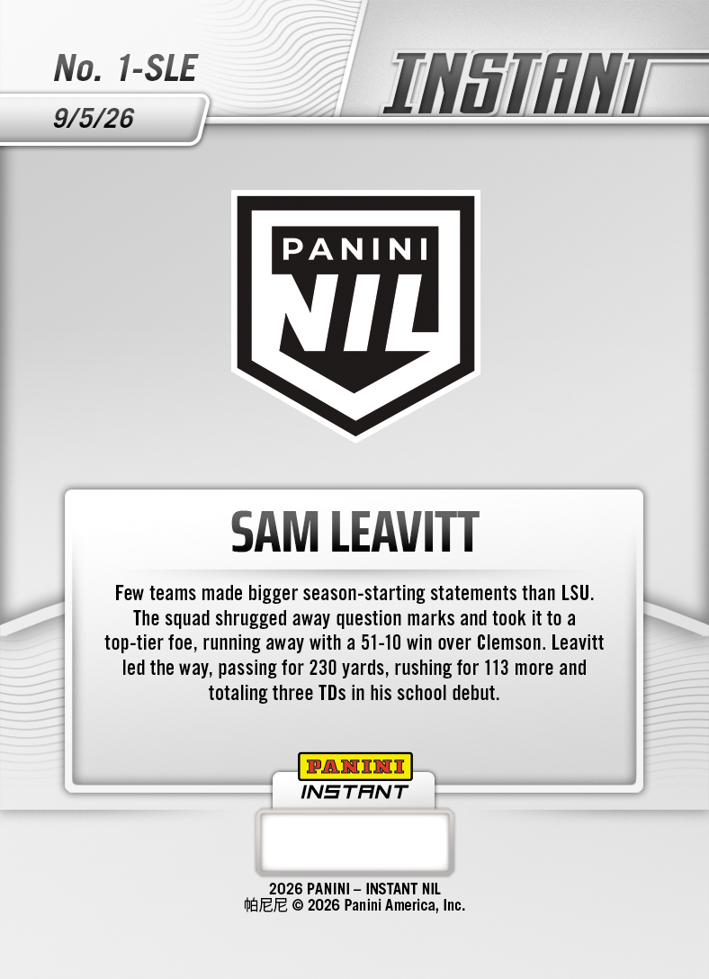 Product thumbnail image 2 of Sam Leavitt - 2026 Panini Instant NIL College Football #1-SLE - Base Card 25-pack