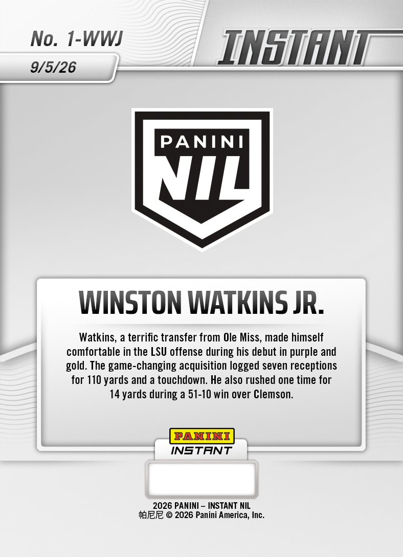 Product thumbnail image 2 of Winston Watkins Jr. - 2026 Panini Instant NIL College Football #1-WWJ - Base /99 Auto