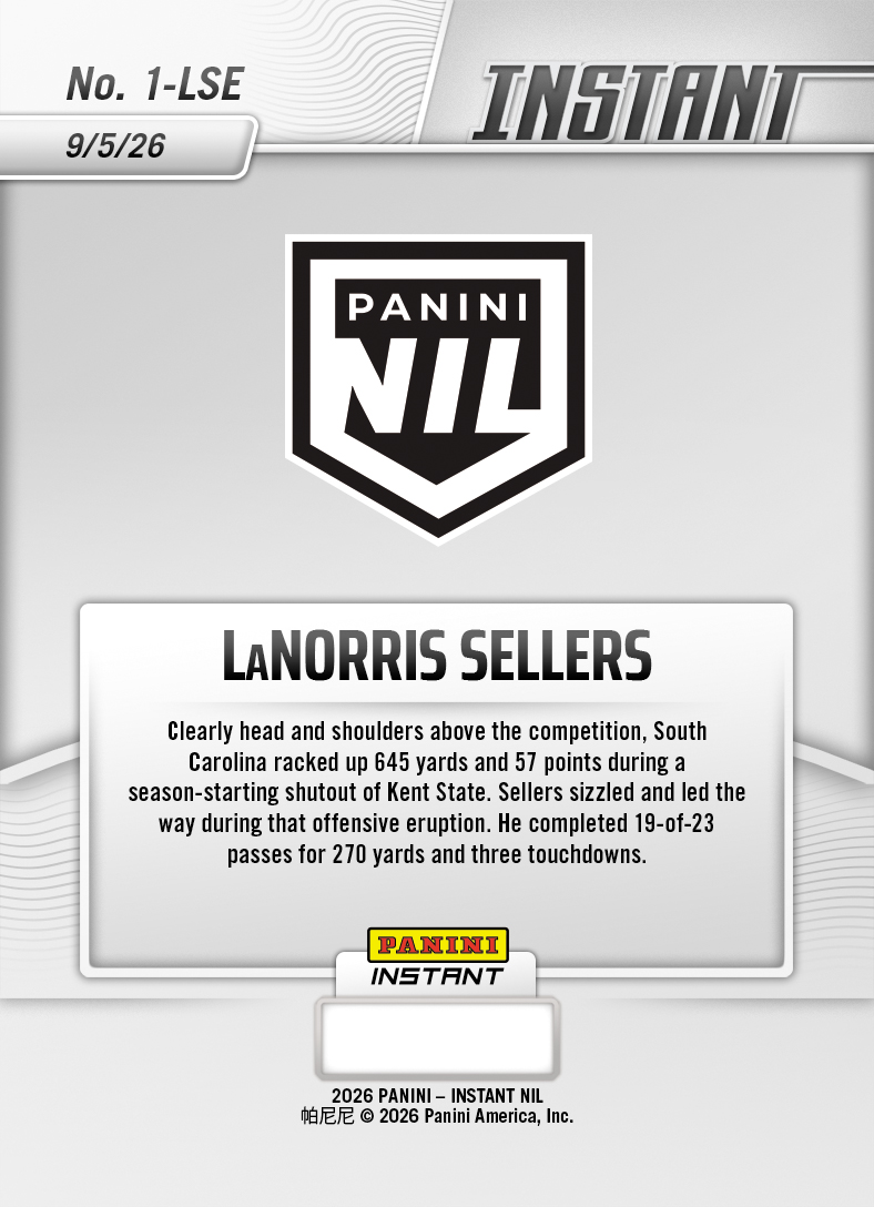 Product thumbnail image 2 of LaNorris Sellers - 2026 Panini Instant NIL College Football #1-LSE - Base Card 25-pack