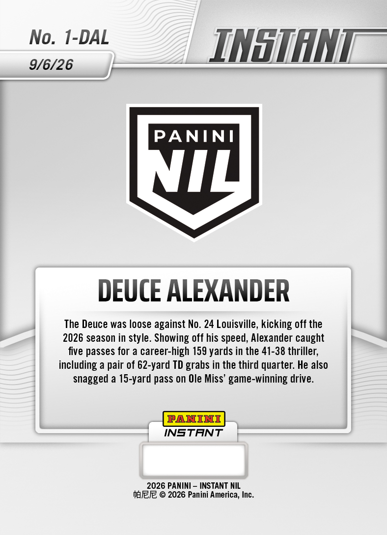 Product thumbnail image 2 of Deuce Alexander - 2026 Panini Instant NIL College Football #1-DAL - Base Card 25-pack