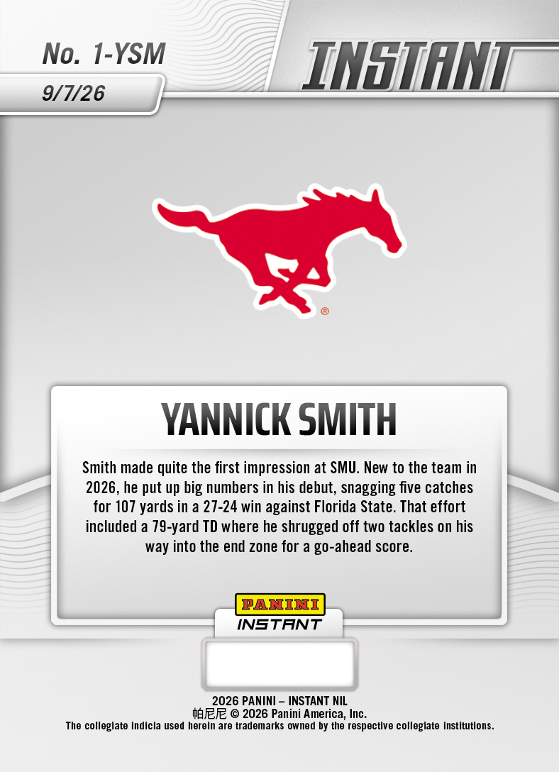 Product thumbnail image 2 of Yannick Smith - 2026 Panini Instant NIL College Football #1-YSM - Base Card 25-pack