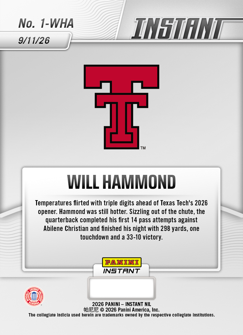 Product thumbnail image 2 of Will Hammond - 2026 Panini Instant NIL College Football #1-WHA - Base Card 25-pack