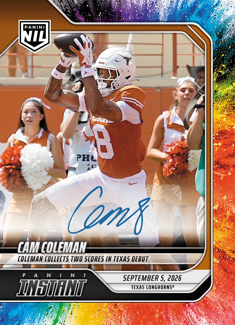 Detailed Image of Cam Coleman - 2026 Panini NIL College Football #1-CAM - Color Blast /10 Auto