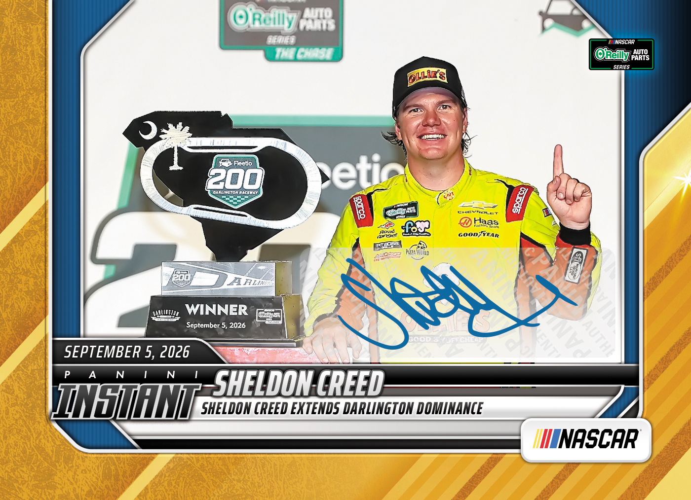 Detailed Image of Sheldon Creed - 2026 Panini Instant NASCAR #78 - Gold /10 Auto