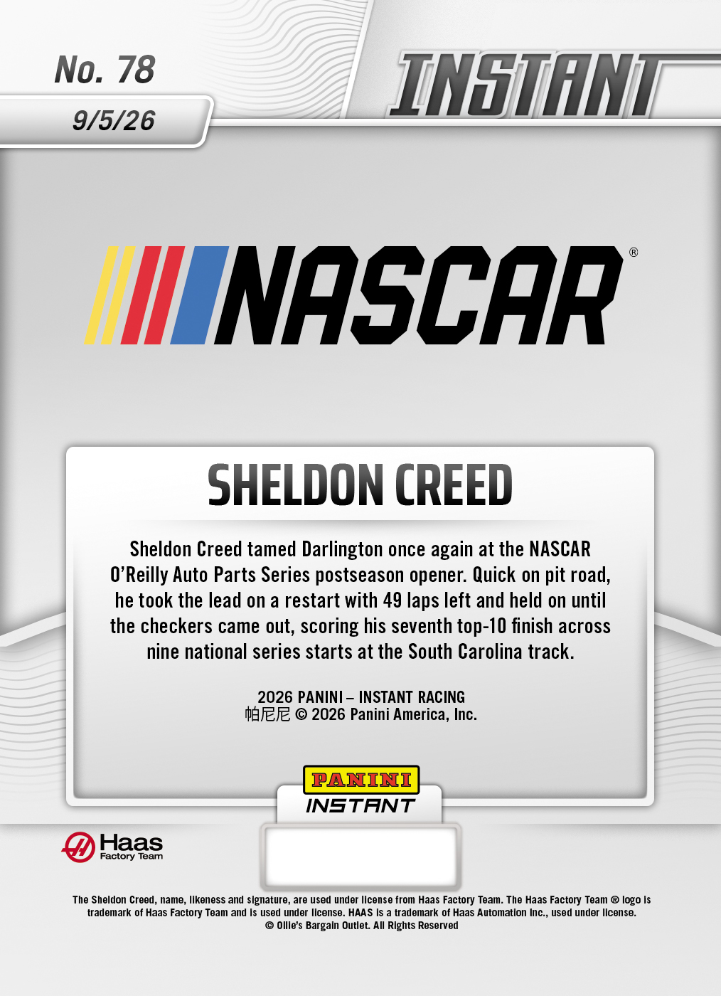 Product thumbnail image 2 of Sheldon Creed - 2026 Panini Instant NASCAR #78 - Base Card 25-pack
