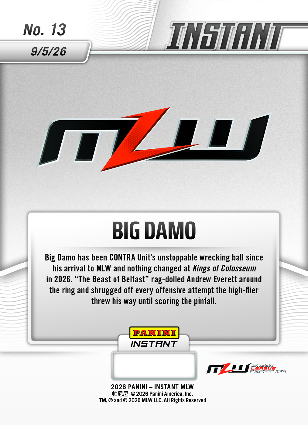 Product thumbnail image 2 of Big Damo - 2026 Panini Instant MLW #13 - Base Card 5-pack