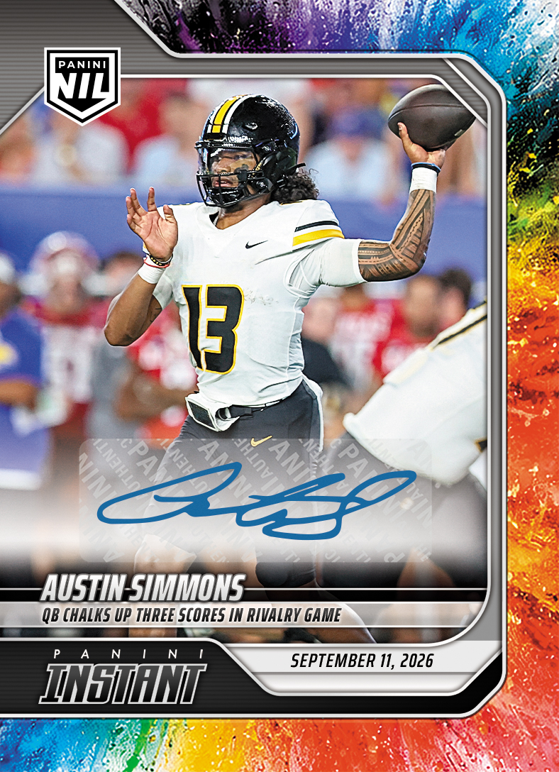 Detailed Image of Austin Simmons - 2026 Panini Instant NIL College Football #2-ASI - Color Blast /10 Auto