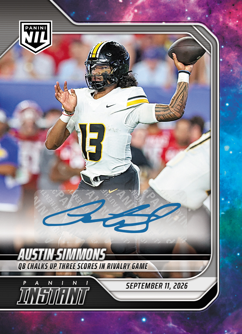 Detailed Image of Austin Simmons - 2026 Panini Instant NIL College Football #2-ASI - Galaxy 1/1 Auto