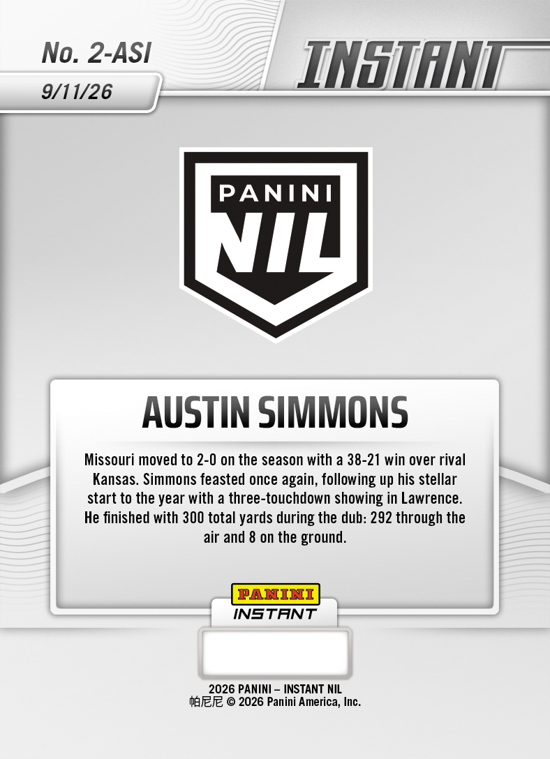 Product thumbnail image 2 of Austin Simmons - 2026 Panini Instant NIL College Football #2-ASI - Base Card 5-pack