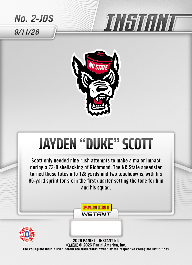 Product thumbnail image 2 of Jayden "Duke" Scott - 2026 Panini Instant NIL College Football #2-JDS - Base Card 25-pack