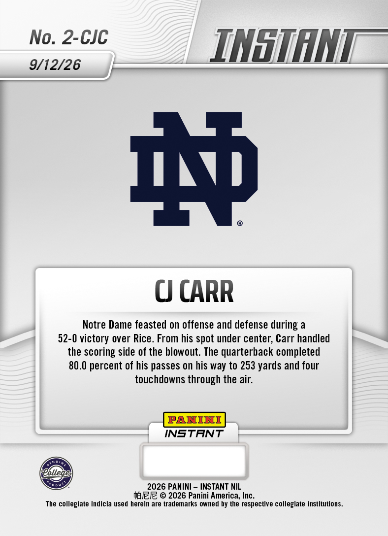 Product thumbnail image 2 of CJ Carr - 2026 Panini Instant NIL College Football #2-CJC - Base Card