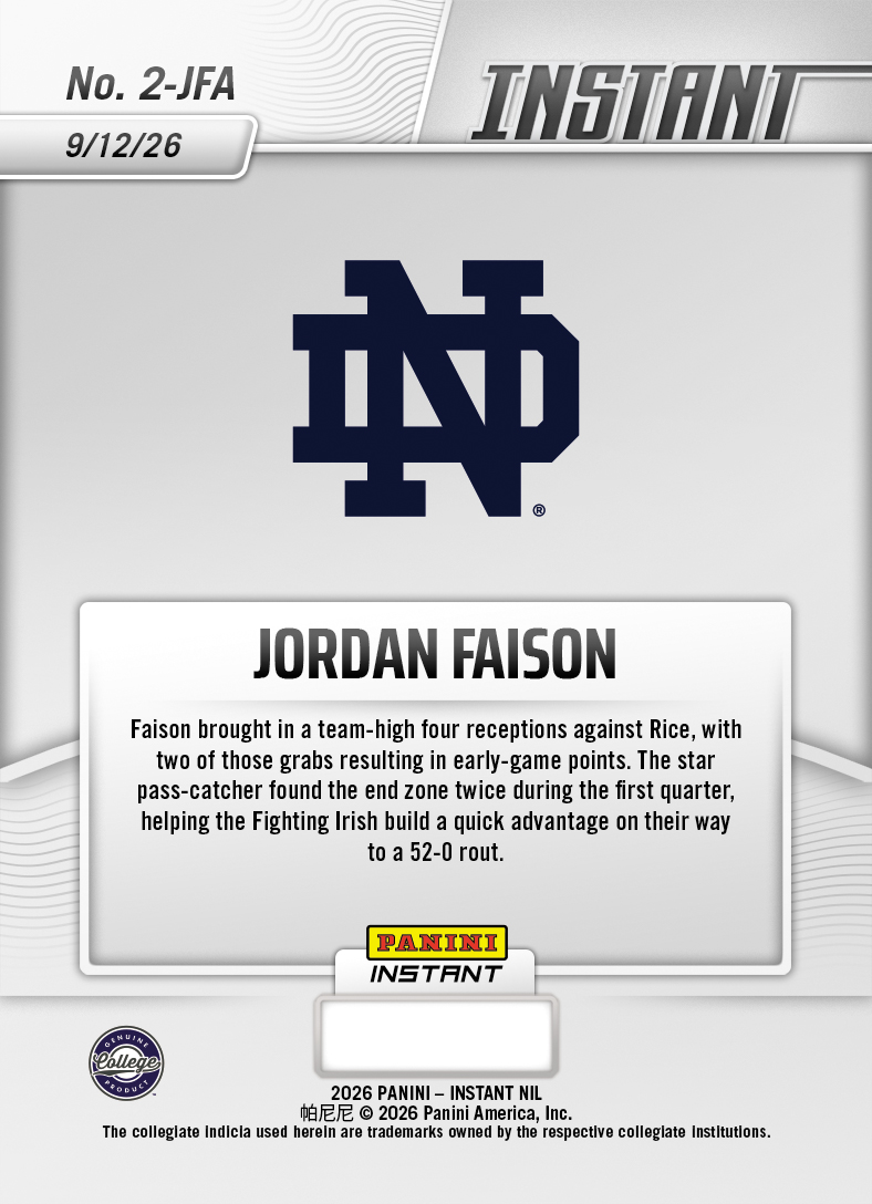 Product thumbnail image 2 of Jordan Faison - 2026 Panini Instant NIL College Football #2-JFA - Metallic /5
