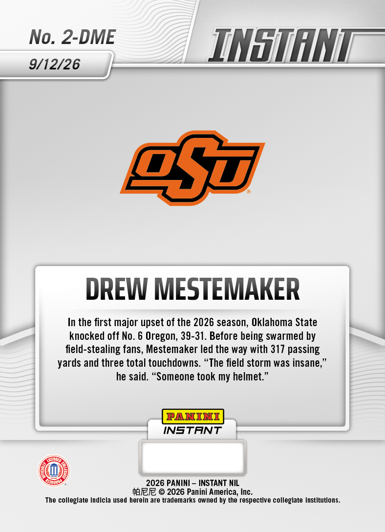 Product thumbnail image 2 of Drew Mestemaker - 2026 Panini Instant NIL College Football #2-DME - Galaxy 1/1